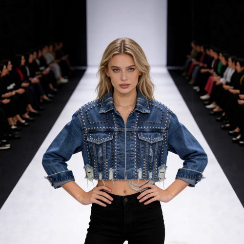 Veste en denim décontractée à la mode pour femmes avec des détails embellis Chic & Stil