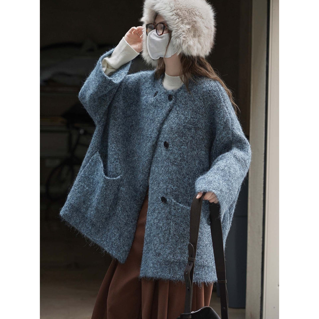 Women's short jacket in mohair look with round neck, button placket, and patch pockets Amarae