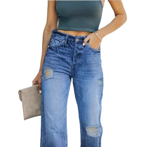 Women high-waisted Relaxed-Straight denim jeans with wide leg and subtle destroy details Amarae
