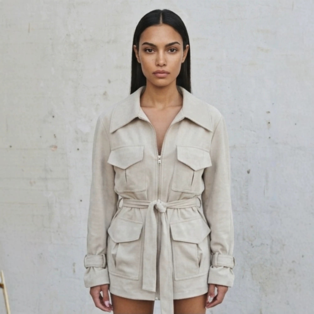 Ladies short jacket in utility shacket style with waist drawstring Amarae