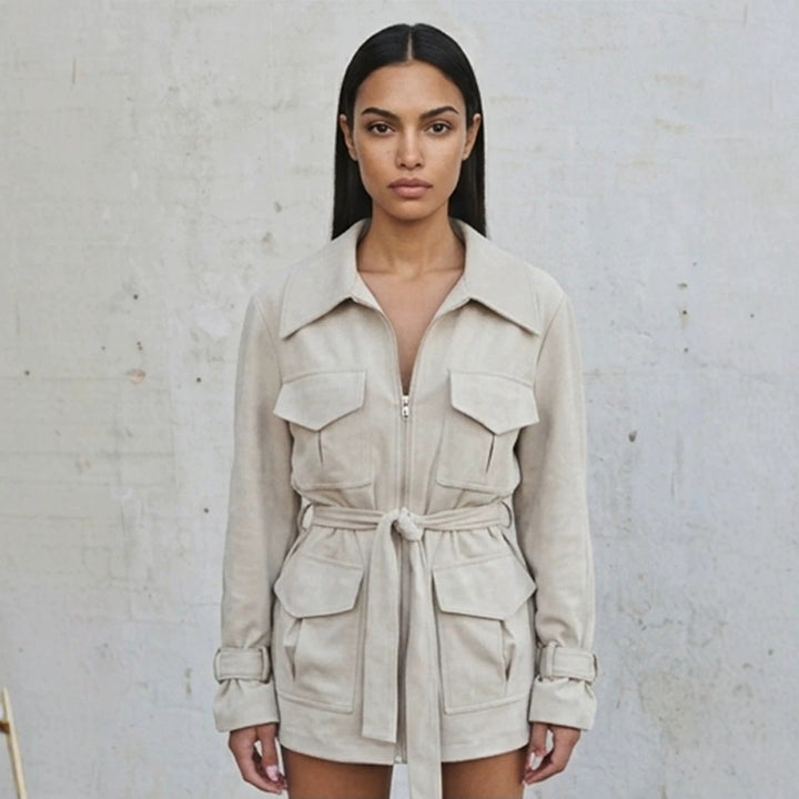Ladies short jacket in utility shacket style with waist drawstring Amarae