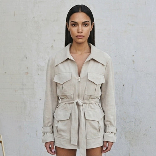 Ladies short jacket in utility shacket style with waist drawstring Amarae