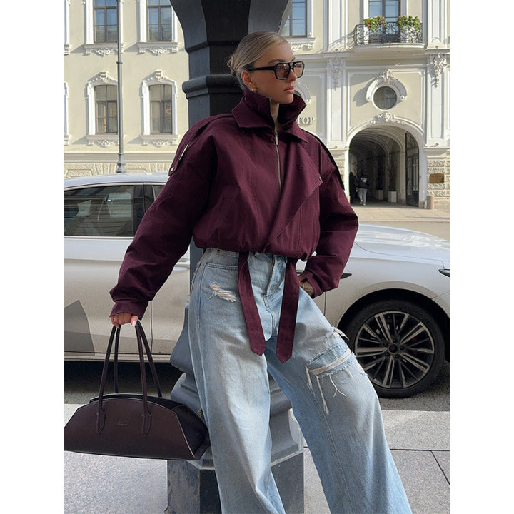 Women's short oversized bomber jacket with high stand-up collar, drawstring and shoulder flaps Amarae