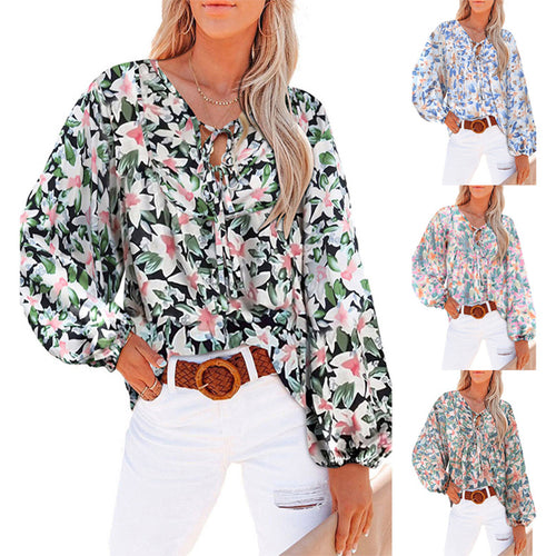 Chic and Stylish Casual Women’s Blouse with Floral Print and Ruffled Sleeves