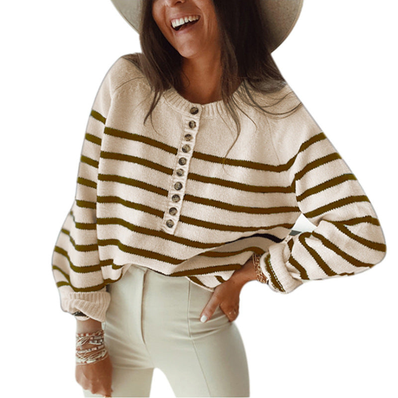 Striped knitted sweater for women with button placket and loose fit Lune London