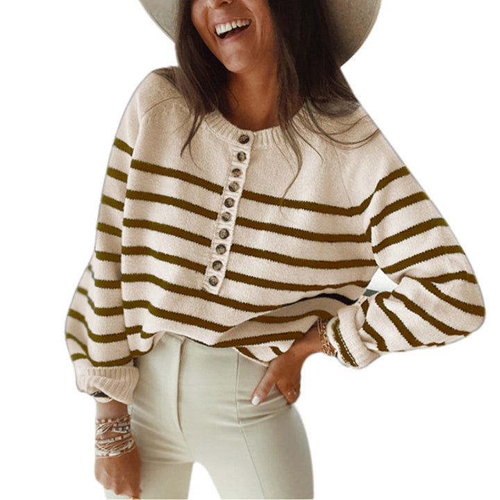 Striped knitted sweater for women with button placket and loose fit Lune London