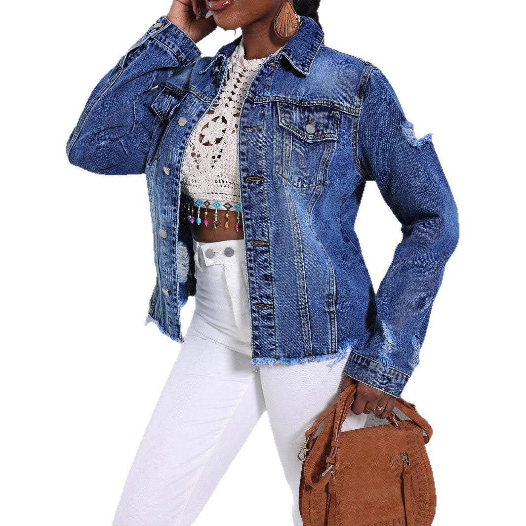 Women's Casual Denim Jacket with Distressed Details, Patch Chest Pockets and Frayed Hem Amarae