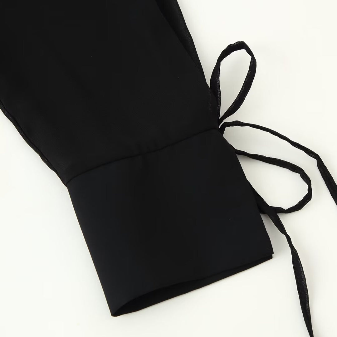 Women’s chiffon blouse with sequin trim, deep V-neck and decorative tie bands Amarae