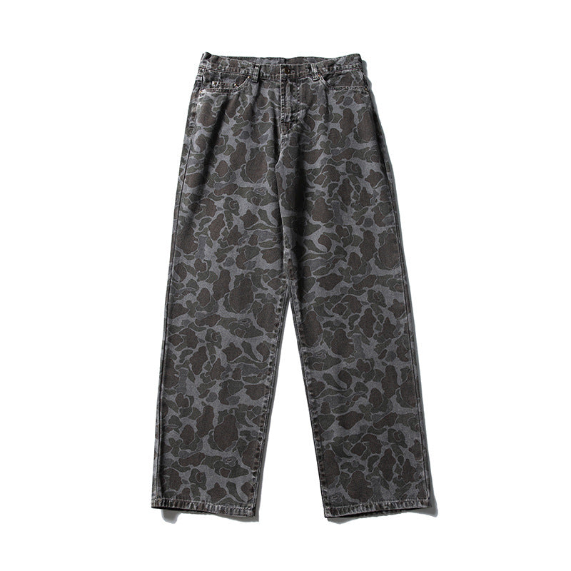 Men's Boxy Jeans Jacket in Camouflage Pattern with Contrast Collar and Multiple Pockets Amarae