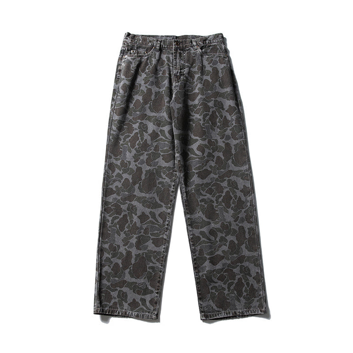 Men's Boxy Jeans Jacket in Camouflage Pattern with Contrast Collar and Multiple Pockets Amarae