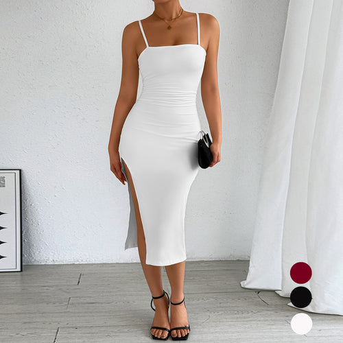 Women's fitted midi dress with strapless shoulders and deep slit Amarae
