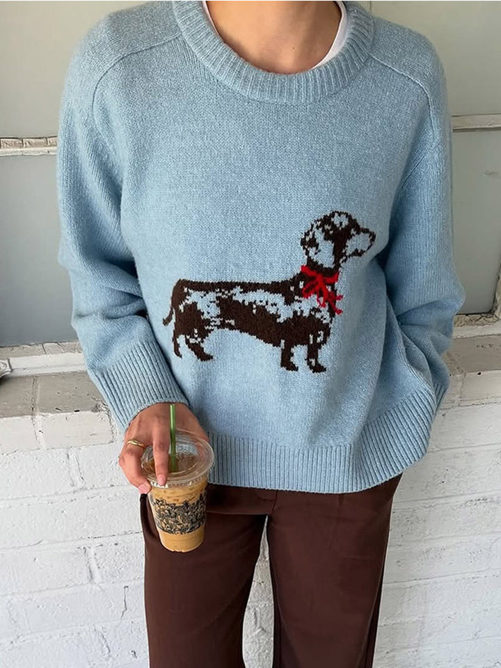 Women's knit sweater with dachshund intarsia and relaxed oversized fit Amarae