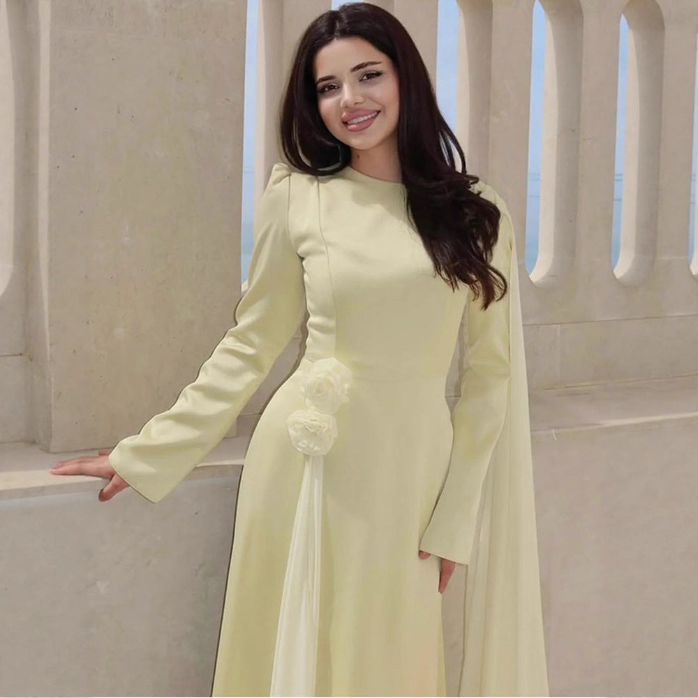 Women’s Evening Dress with Cape Sleeves, Tailored Silhouette and Decorative Flower Detail Amarae