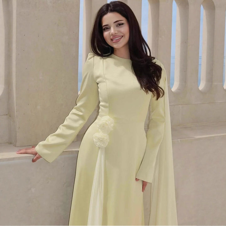 Women’s Evening Dress with Cape Sleeves, Tailored Silhouette and Decorative Flower Detail Amarae