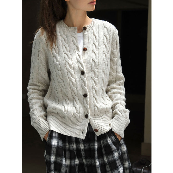 Ladies Cozy Cable Knit Cardigan with V-Neck and Wooden Buttons Amarae