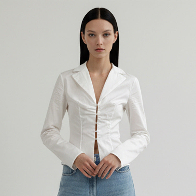Women's Tailored Poplin Shirt Blouse with Corset Seams & Hook Front Amarae