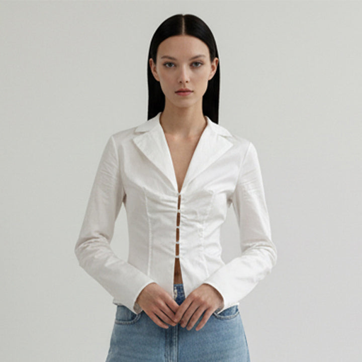 Women's Tailored Poplin Shirt Blouse with Corset Seams & Hook Front Amarae