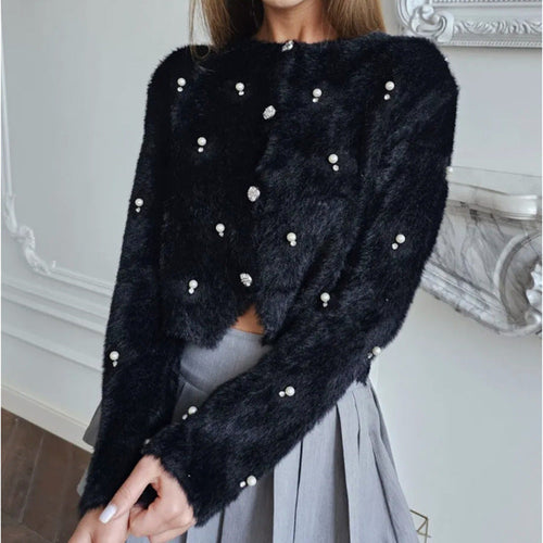 Women Fluffy Cardigan with Decorative Buttons and Elegant Cut Amarae
