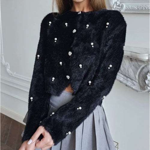 Ladies Plush Knit Sweater Jacket with Decorative Buttons and a Chic Elegant Cut