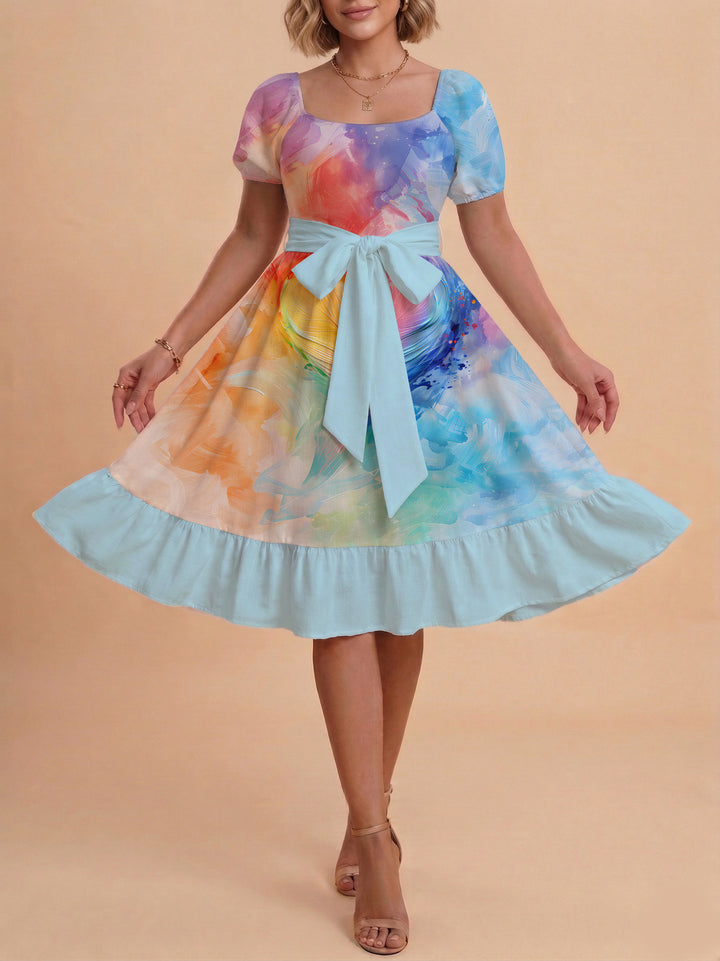 Women's Midi Dress with Elegant Floral Print and Fitted Belt Lune London