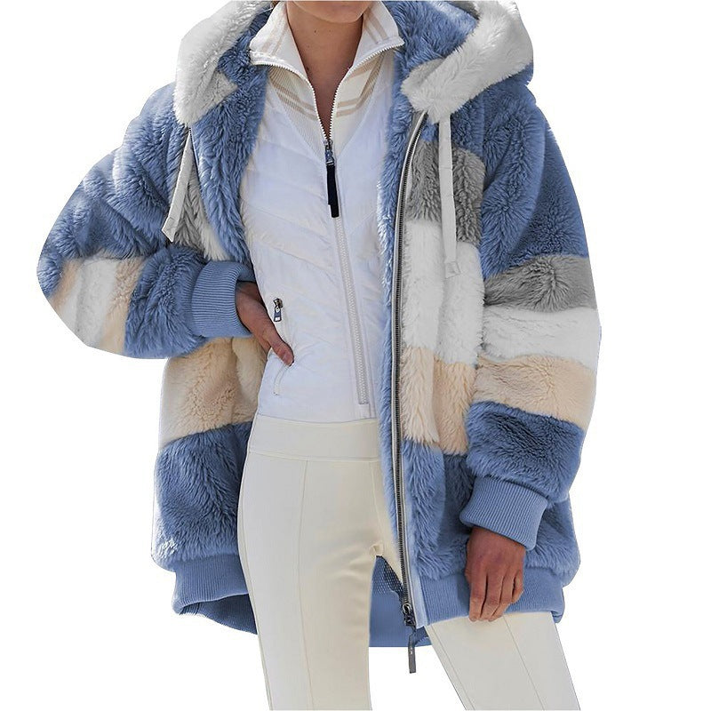 Women's Striped Oversized Teddy Jacket with Hood, Zipper and Ribbed Cuffs Amarae