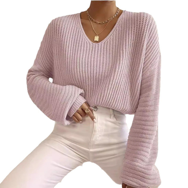 Casual knitted sweater for women with V-neck and wide sleeves Lune London