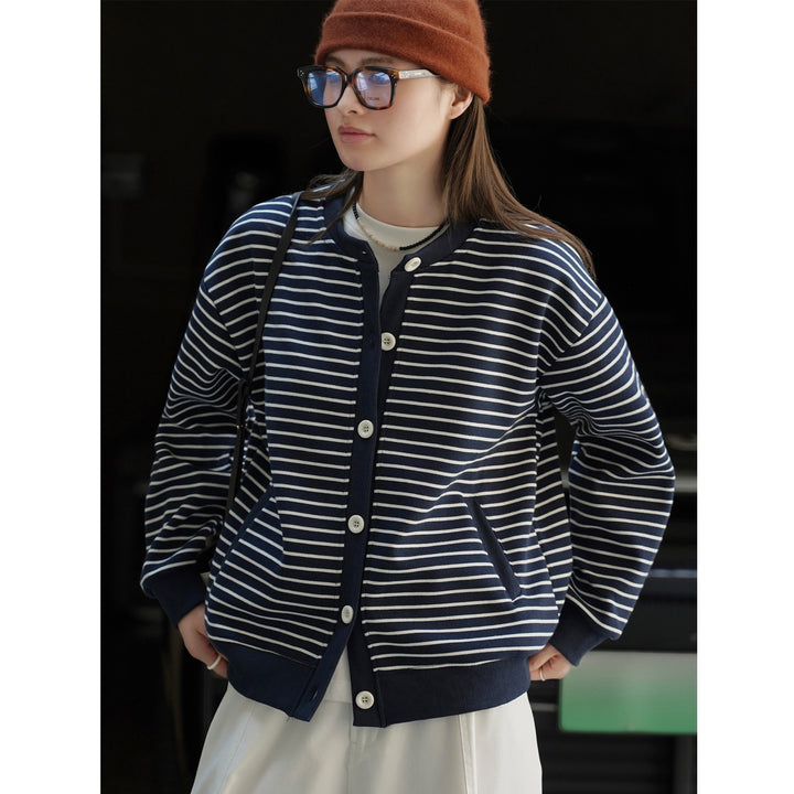 Women's Striped Knit Cardigan Jacket with Button Closure, Side Pockets and Ribbed Cuffs Amarae