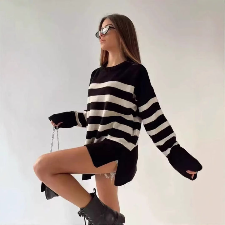 Oversized knit sweater for women with a trendy striped pattern and a richly detailed ribbed texture Lune London