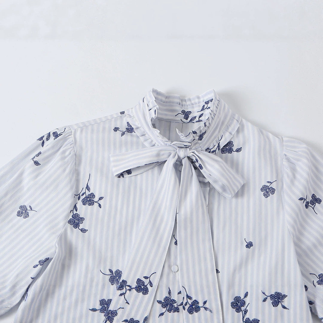 Women's sweater blouse with bow collar, ruffle yoke and floral embroidery Amarae