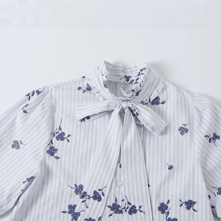 Women's sweater blouse with bow collar, ruffle yoke and floral embroidery Amarae