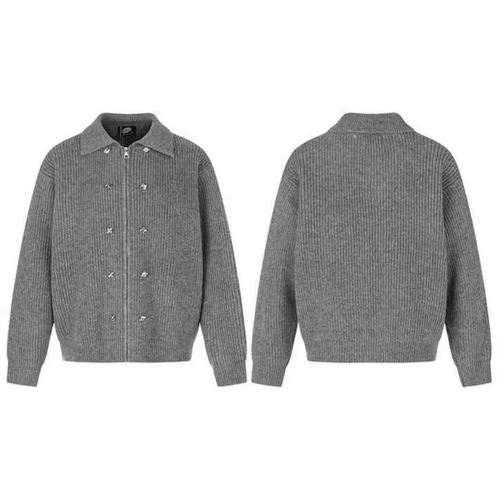 Women's chunky knit zip jacket with shirt collar and decorative buttons Amarae