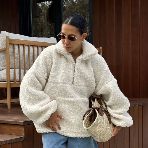 Soft fleece sweater for women with high collar and pockets Amarae