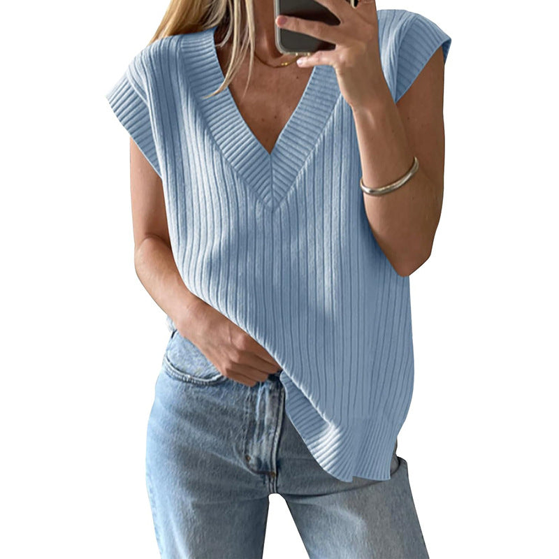 Women's Casual V-Neck Top Made of Ribbed Knit Material Lune London