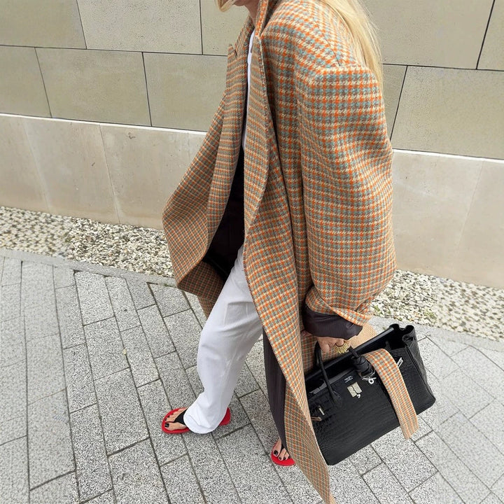 Women Oversized Wool Check Coat with Waist Belt and Emphasized Shoulder Area Amarae