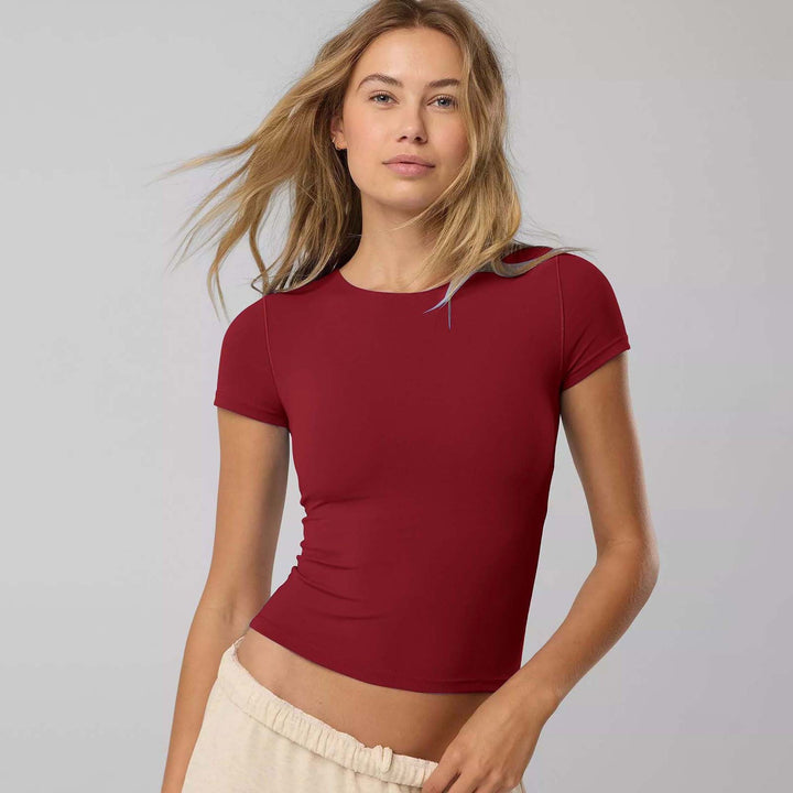 Women's Fitted Short Sleeve Shirt Made of Elastic Cotton Blend with Round Neckline and Seamless Design Lune London