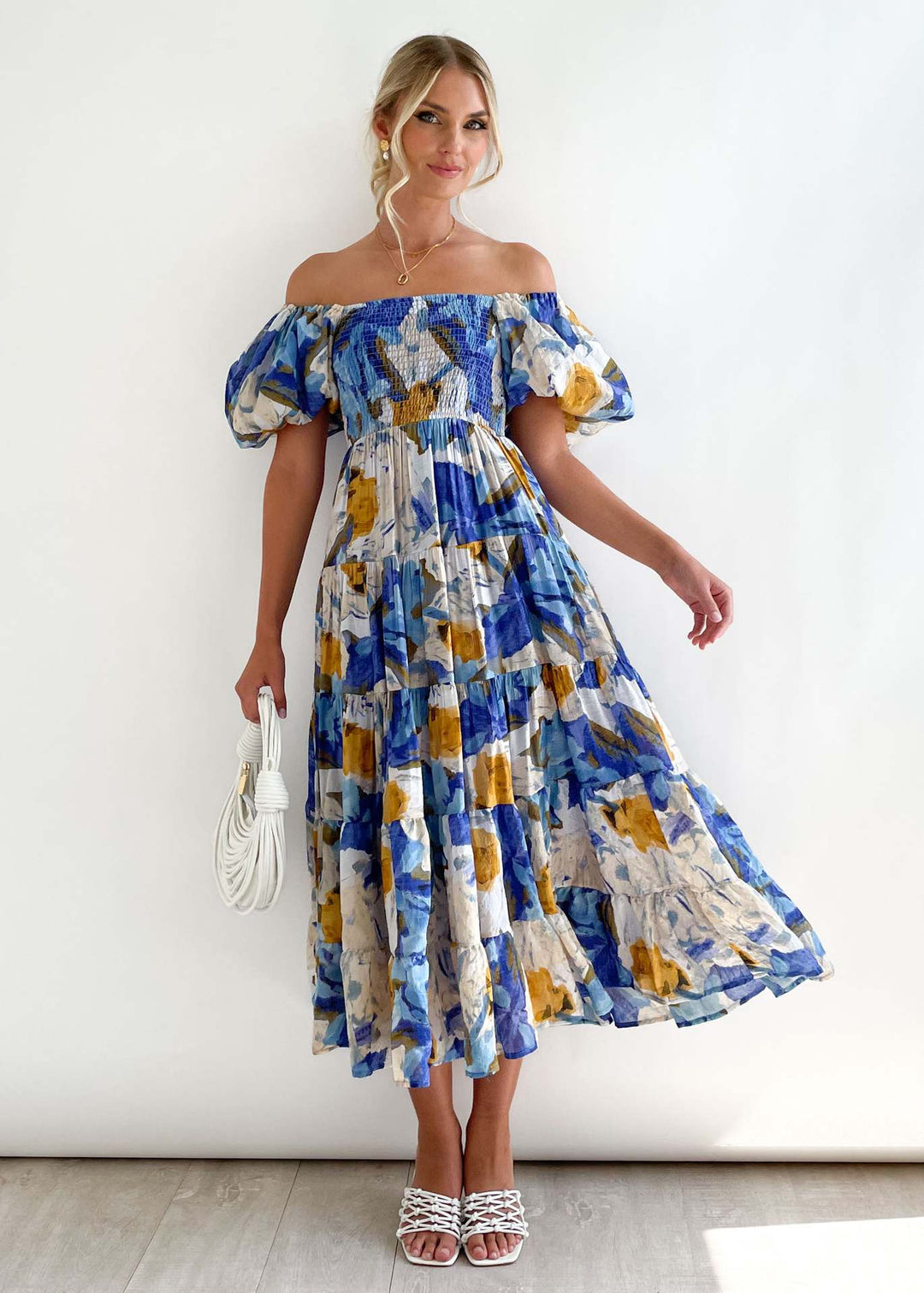 Ladies Floral Puff Sleeve Midi Dress Lune London