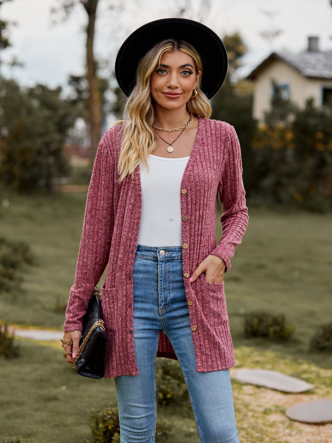 Women’s casual knit cardigan with button details and practical pockets Lune London
