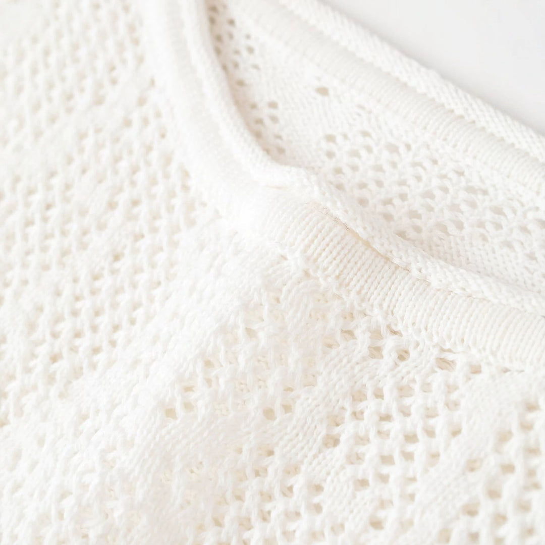Women's Short Cut Lace Knit Crop Top with Round Neckline and Slightly Flared Sleeves Amarae