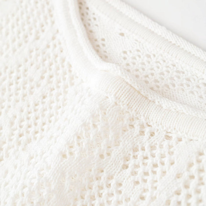 Women's Short Cut Lace Knit Crop Top with Round Neckline and Slightly Flared Sleeves Amarae