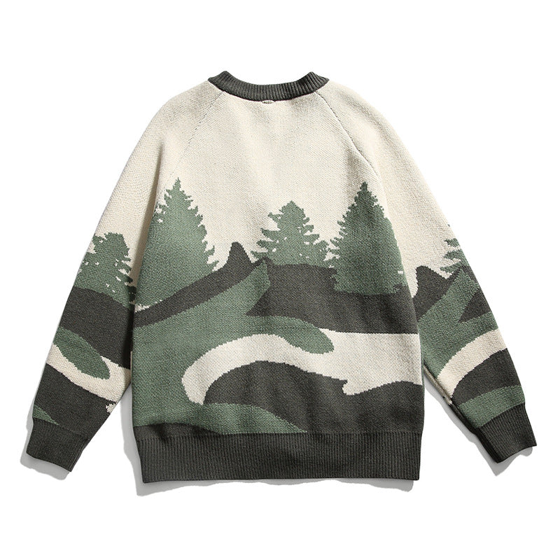 Unisex Chunky Knit V-Neck Cardigan with Landscape Jacquard Pattern and Patch Pockets Amarae