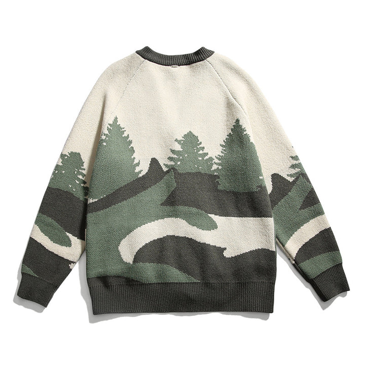 Unisex Chunky Knit V-Neck Cardigan with Landscape Jacquard Pattern and Patch Pockets Amarae