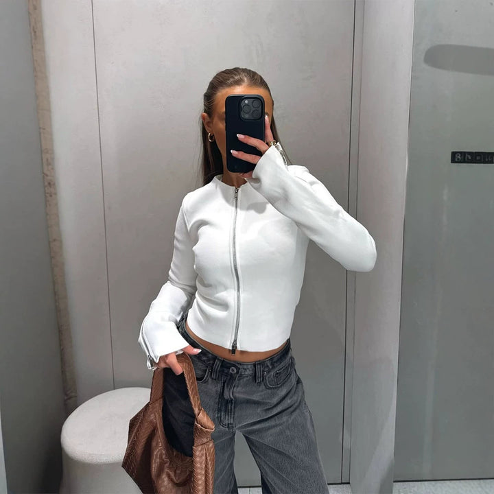 Ladies Tailored Cropped Cardigan with Full Metal Zipper and Extended Cuff Zippers Amarae