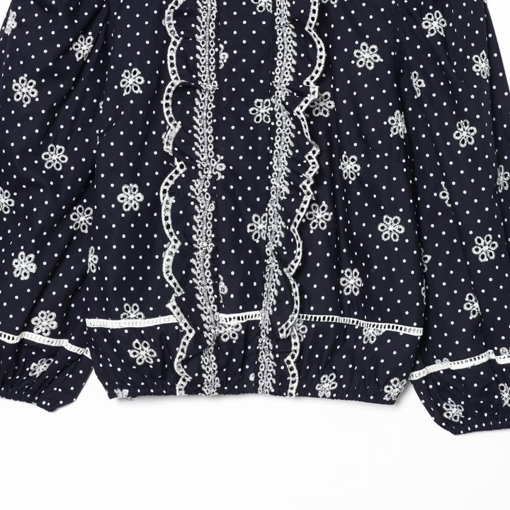 Women Embroidered Polka Dot Blouse with Ruffles and Balloon Sleeves Amarae
