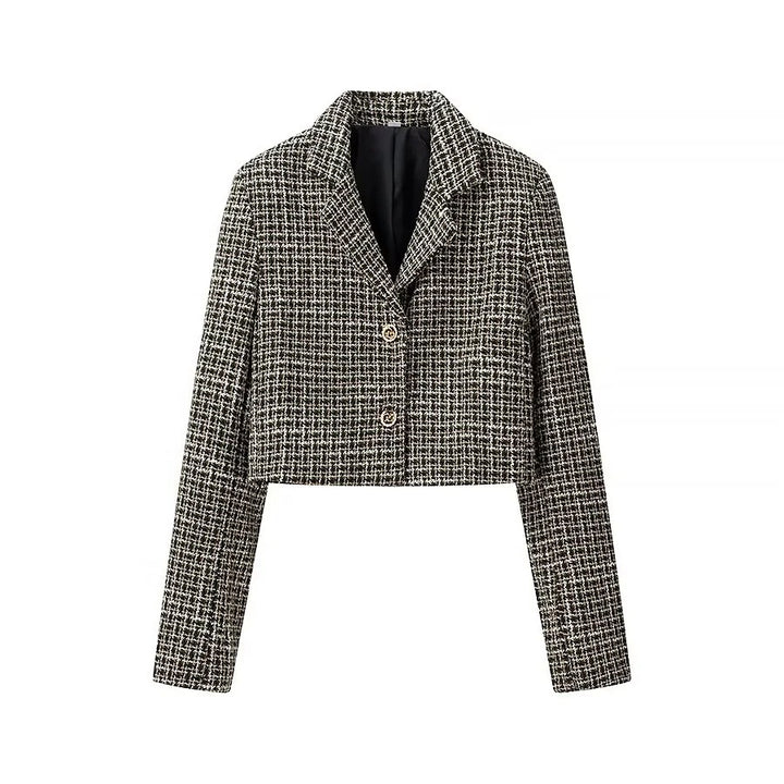 Women’s short blazer in boucle tweed with boxy cropped silhouette and decorative buttons Amarae