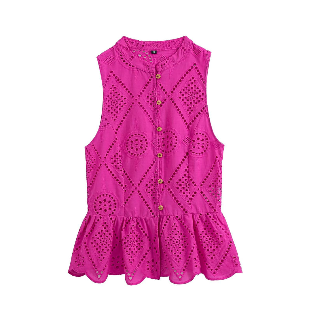 Women's Sleeveless Cotton Embroidery Dress with Stand-Up Collar, Button Placket and Tiered Ruffle