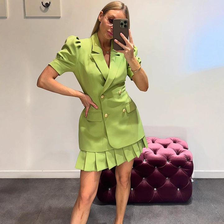 Women Double-Breasted Blazer Dress with Puff Sleeves and Pleated Hem Amarae
