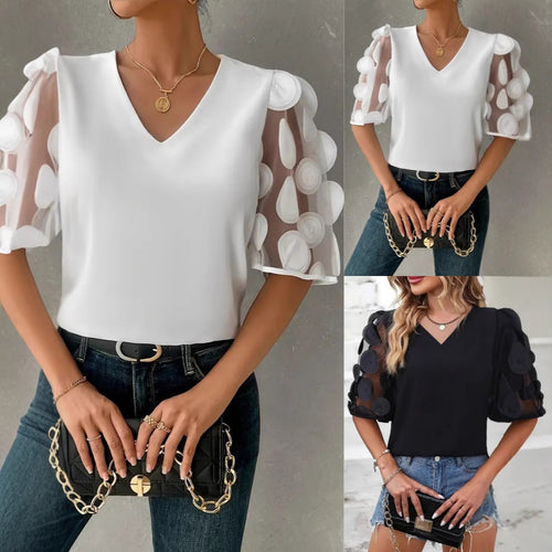 Ladies Elegant Top with Sheer Puff Sleeves and a Chic V Neck