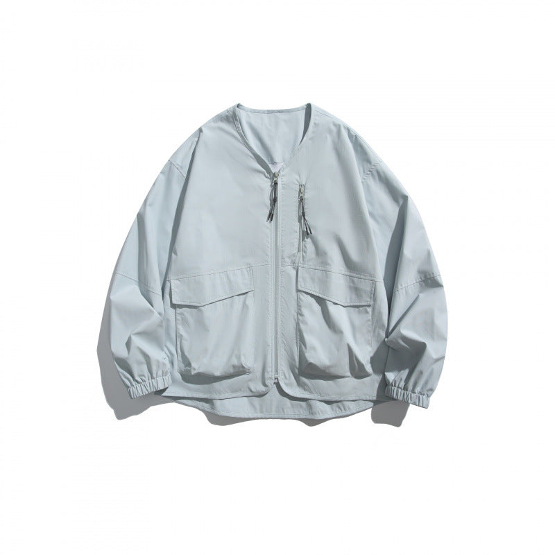 Unisex Lightweight Oversize Utility Jacket without Collar with Front Zipper and Patch Pockets Amarae