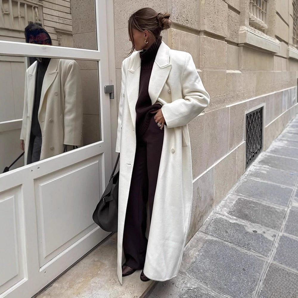Women's Maxi Double-Breasted Wool Blend Coat with Oversized Cut and Lapel Collar Amarae