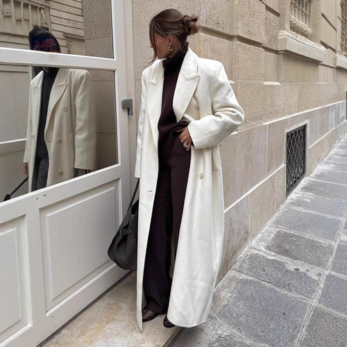 Women's Maxi Double-Breasted Wool Blend Coat with Oversized Cut and Lapel Collar Amarae